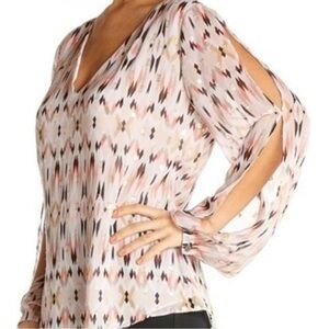 White House Black Market Pink Patterned Blouse cream Brown Gold size 8